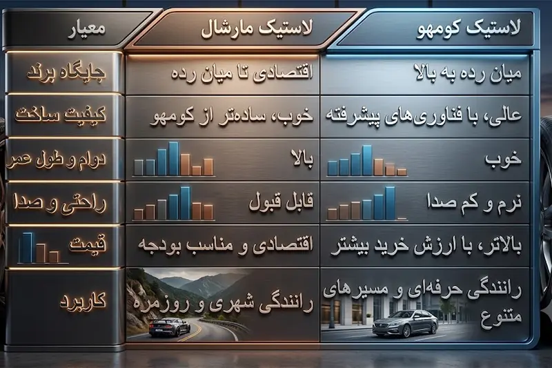 جدول مقایسه بین لاستیک ها